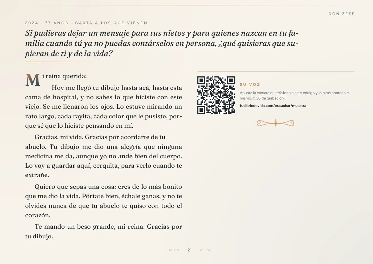 Página del libro impreso de Don Zefe: su carta a su nieta, con el código QR que hace sonar su voz